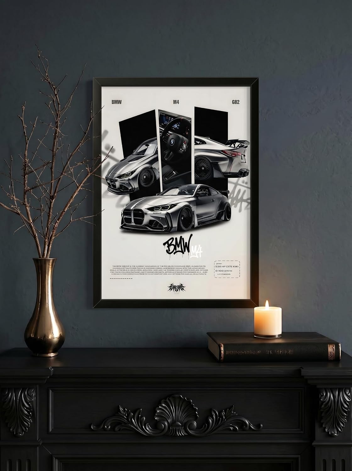POSTERY• BMW M4 Aesthetic Car Poster Frame | Premium A4 Framed Wall Art for Bedroom, Living Room, Gaming Setup & Office | Sports Car Theme Posters for Decor