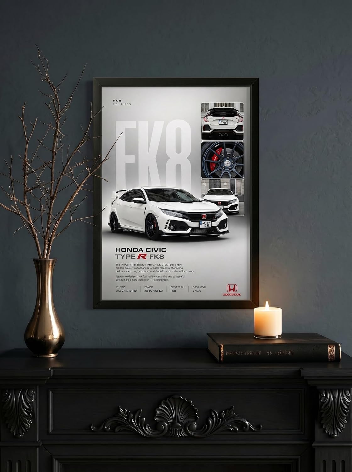 POSTERY• Honda Civic Type R CarFramed Posters Gift Items Boys Room Wall Decoration Bedroom Office Studio Synthetic Wood Frame & Acrylic Glass Ready to Hang - 12x8 Inch, (A4 Size) - CAR-304