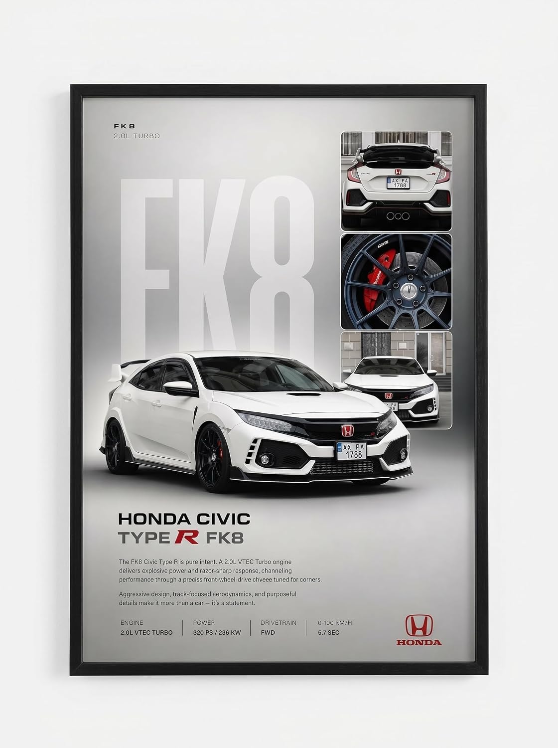 POSTERY• Honda Civic Type R CarFramed Posters Gift Items Boys Room Wall Decoration Bedroom Office Studio Synthetic Wood Frame & Acrylic Glass Ready to Hang - 12x8 Inch, (A4 Size) - CAR-304