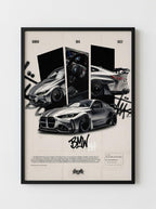 POSTERY• BMW M4 Aesthetic Car Poster Frame | Premium A4 Framed Wall Art for Bedroom, Living Room, Gaming Setup & Office | Sports Car Theme Posters for Decor